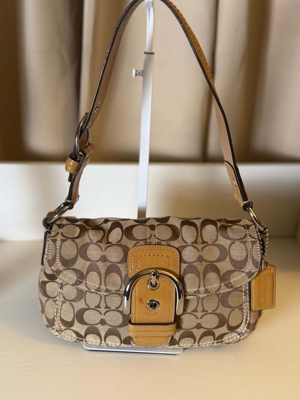 Coach Soho Signature C Buckle Flap Shoulder Bag Khaki Brown